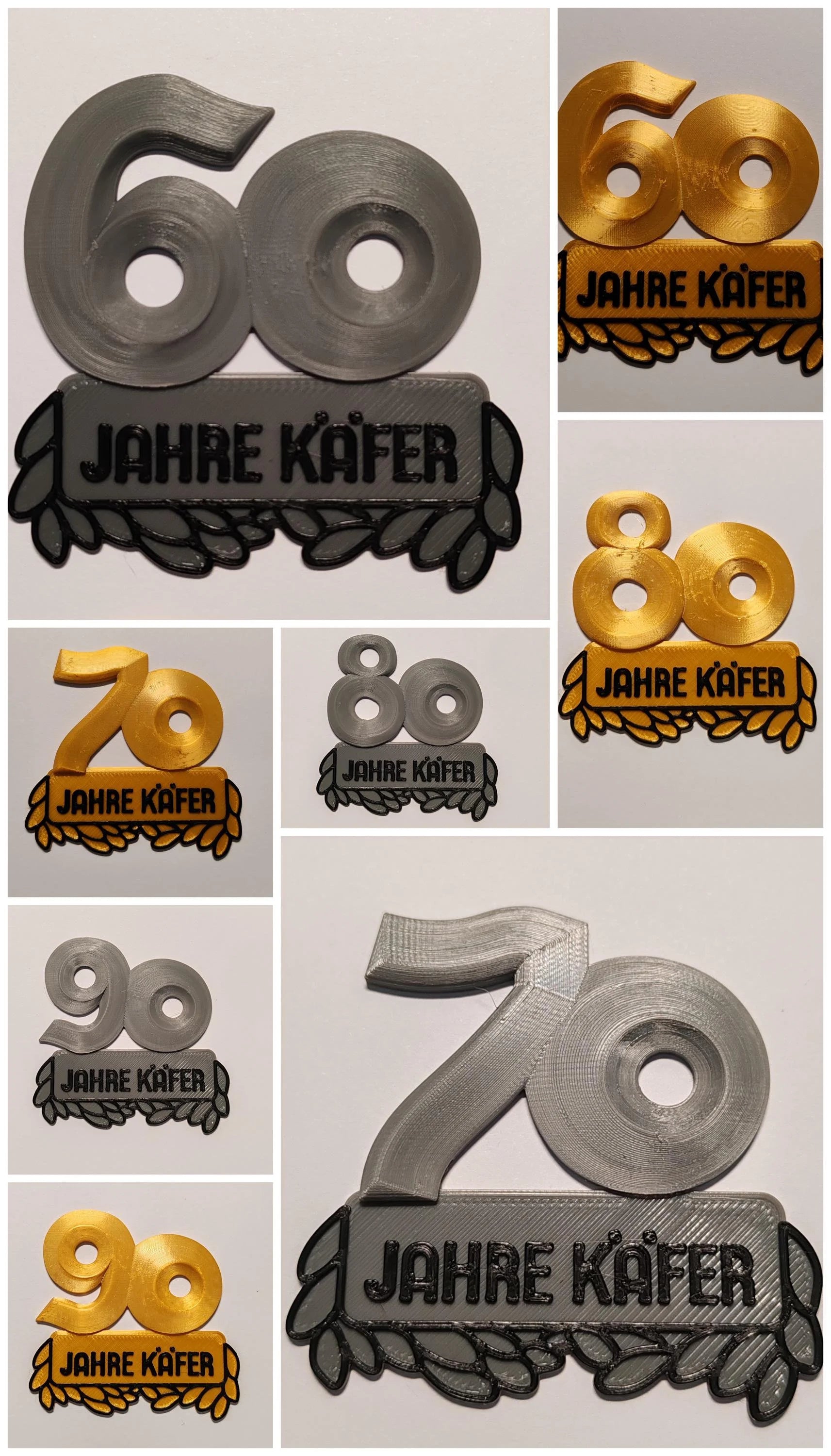 VW Käfer 50, 60, 70, 80, 90 Jahre Emblem, 3D Druck, Oldtimer, Jubi, Geschenk, Gold oder Grau