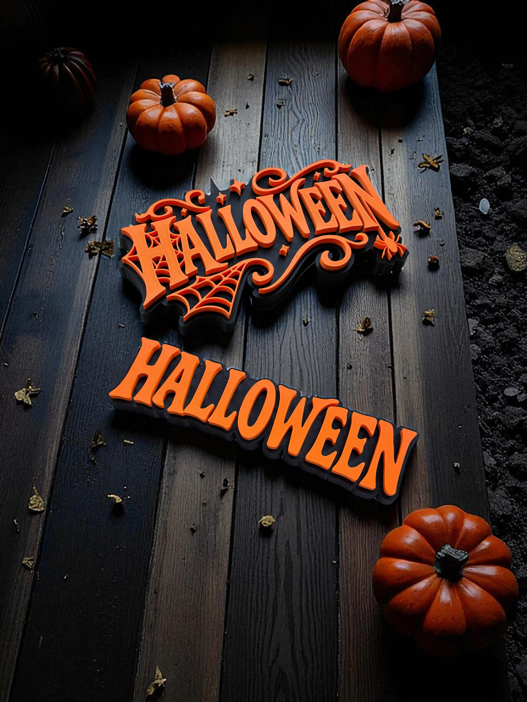 Halloween Schriftzug Deko | 3D gedrucktes Schild in 2 Varianten | Wanddeko mit Fledermäusen, Kürbissen & Spinnennetzen