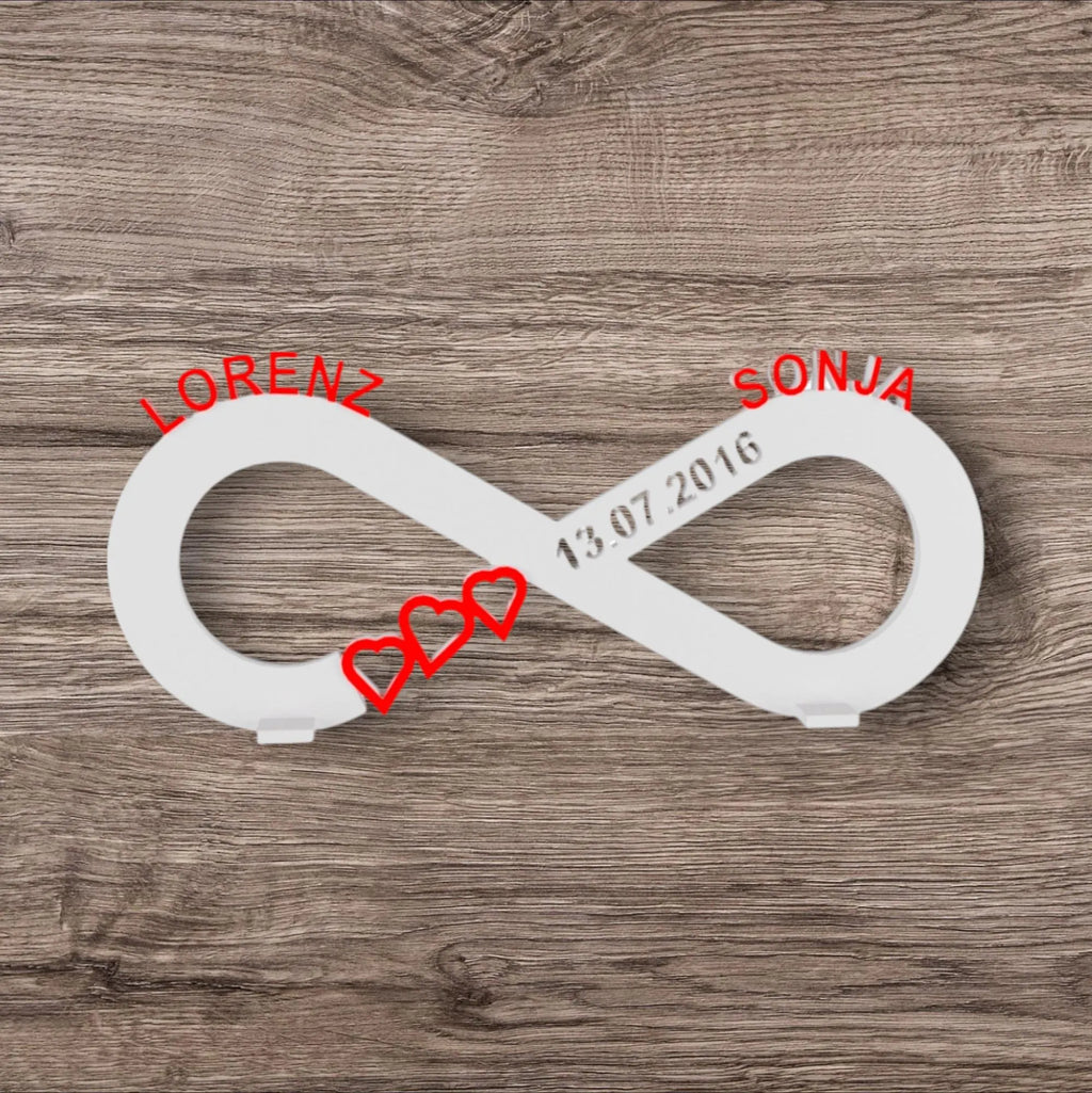 Valentinstag, Jahrestag, Hochzeitstag, Geschenk, Unendlichkeitszeichen für Paare - personalisiert mit Namen und Datum